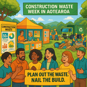 A vibrant outdoor scene bustling with activity during Construction Waste Week in Aotearoa In the foreground a diverse group of enthusiastic participants engage in discussions holding banners that read Plan out the waste Nail the build Brightly colore